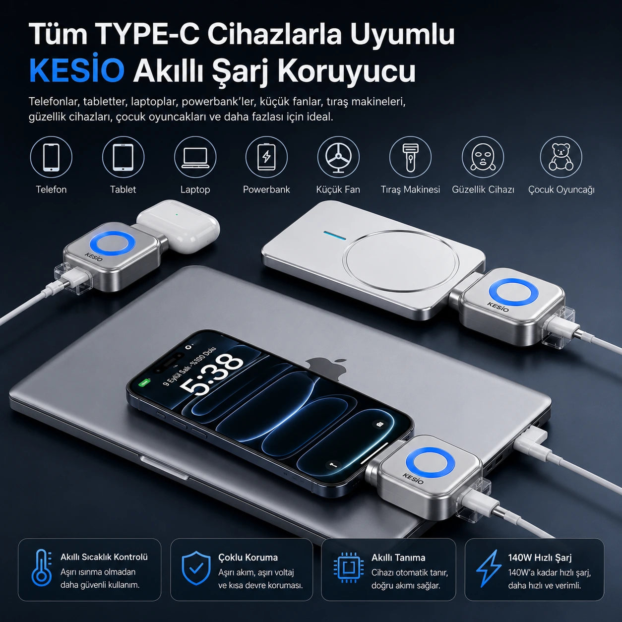 Kesio 140W Akıllı Şarj Kesici Adaptör