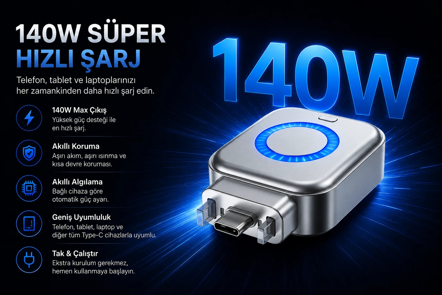 Kesio 140W Akıllı Şarj Kesici Adaptör